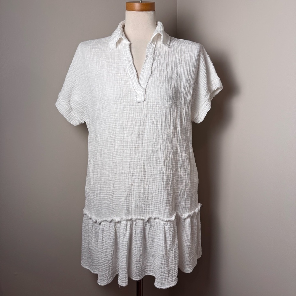 IN FEBRUARY 100% Cotton Gauze Fabric Drop Ruffle Mini Dress WHITE / MEDIUM